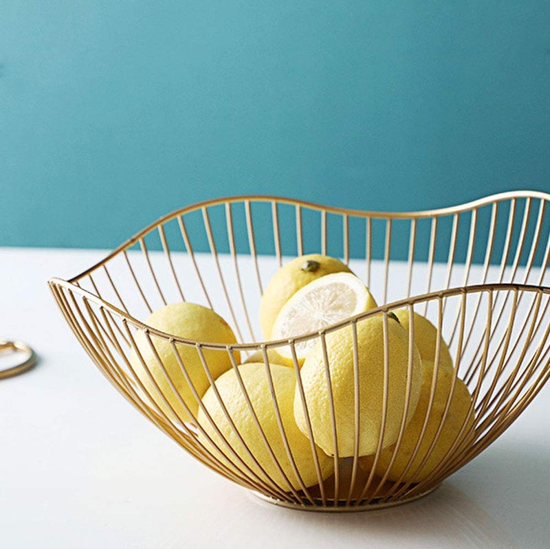 IBWell High Style Curved-Edge Modern Creative Stylish Single Tier Dish,Metal Iron Wire Fruit Vegetables Bread Decorative Stand Serving Bowls Basket Holder (Gold) - Image 3